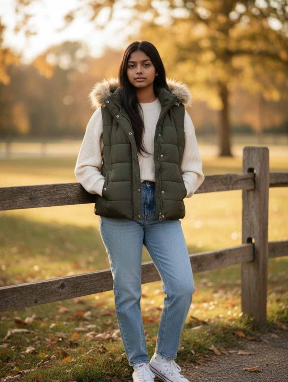 Olive Green Puffer Vest with Faux Fur Hood